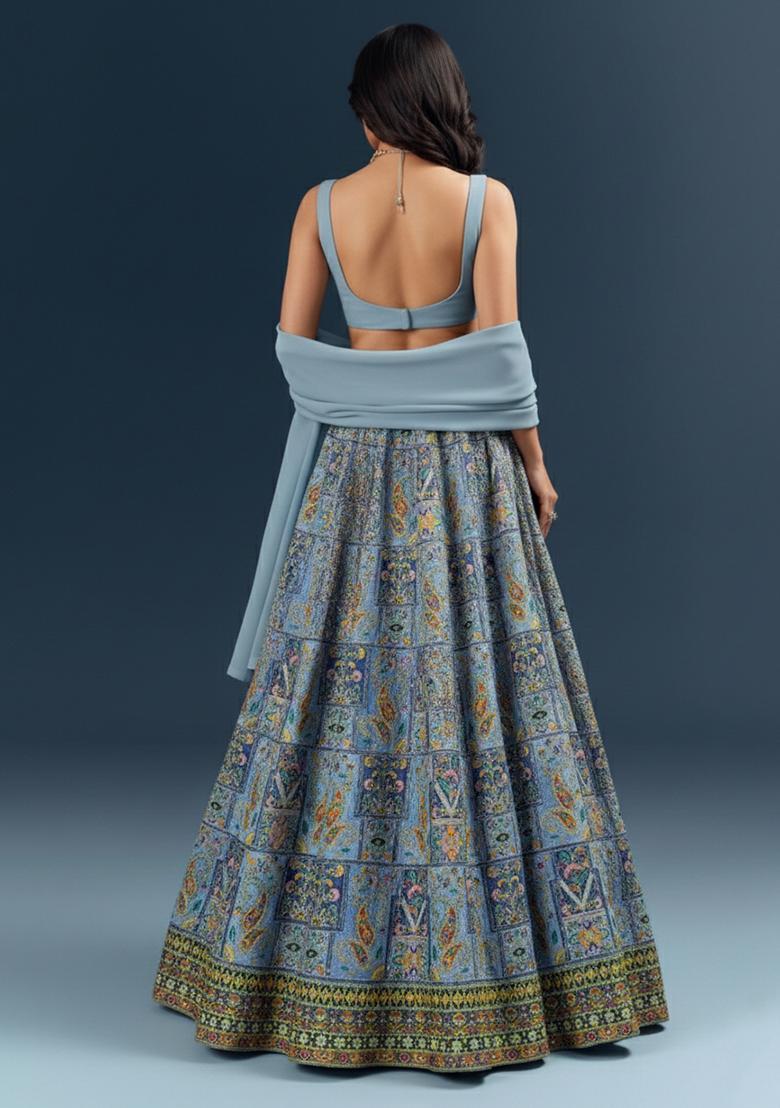 Powder Blue Embroidered Crepe Lehenga Set - Indya