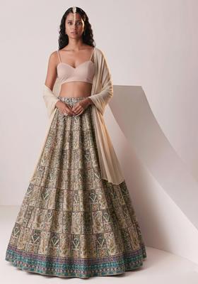 Beige Embroidered Crepe Lehenga Set