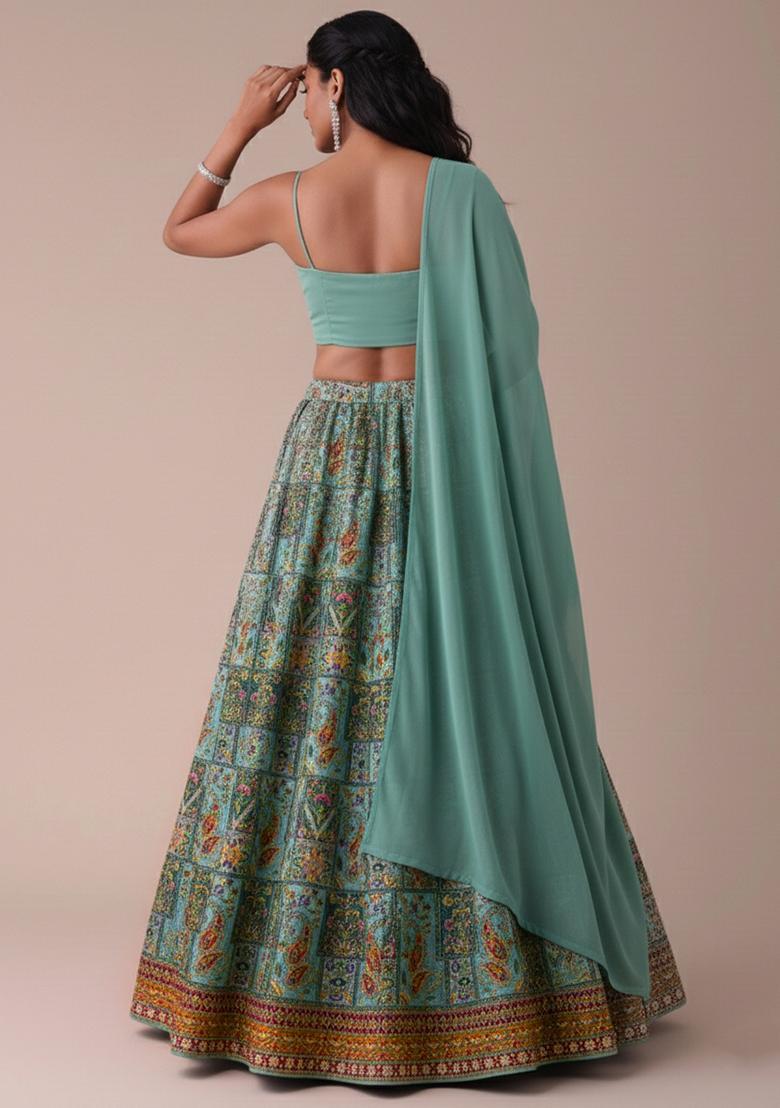 Sea Green Embroidered Crepe Lehenga Set - Indya
