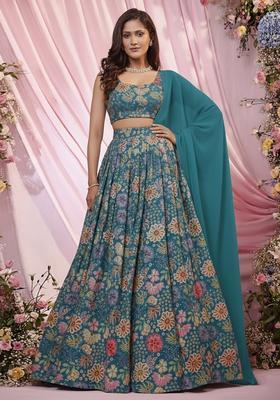 Teal Blue Floral Print Chinon Lehenga Set