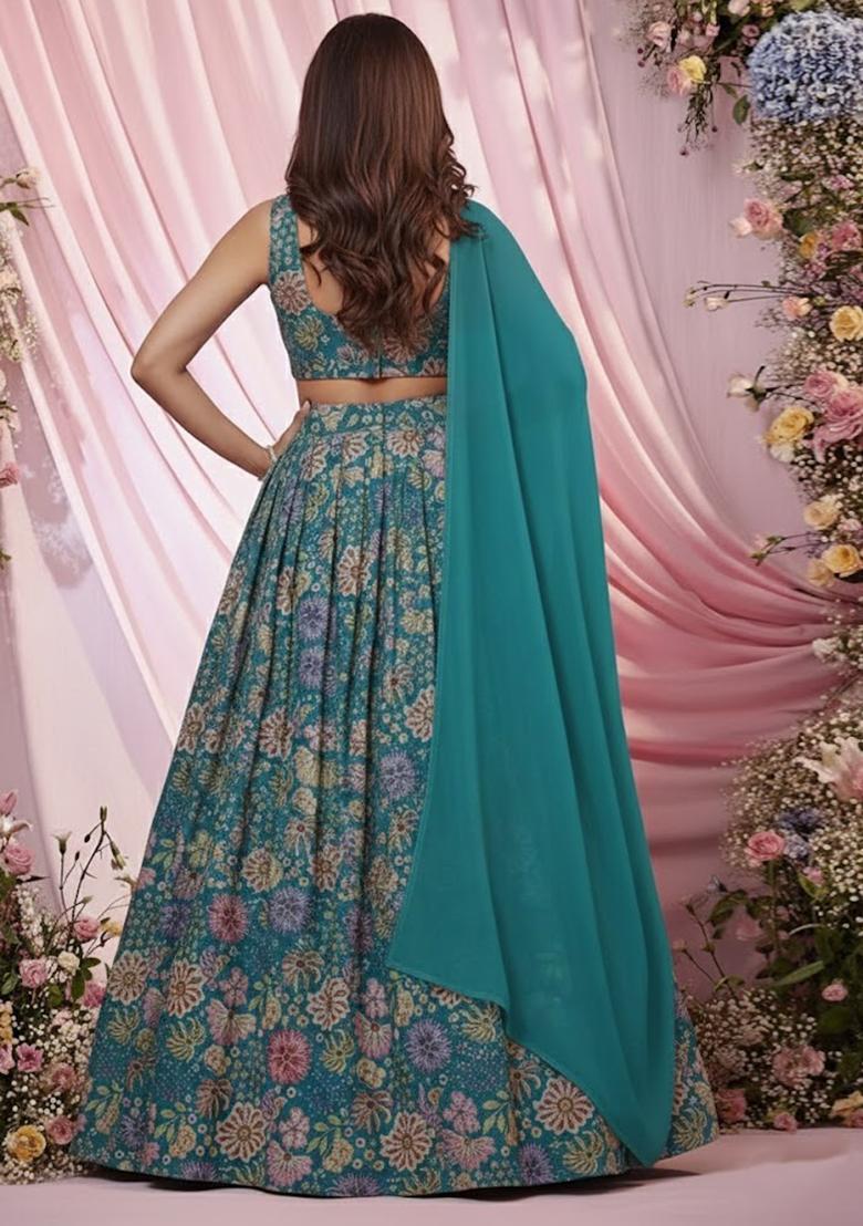 Teal Blue Floral Print Chinon Lehenga Set - Indya