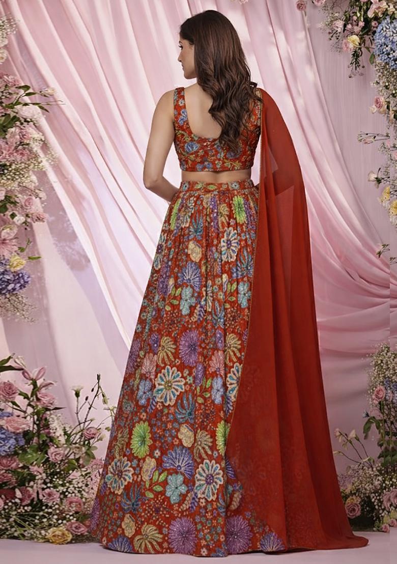 Red Floral Print Chinon Lehenga Set - Indya