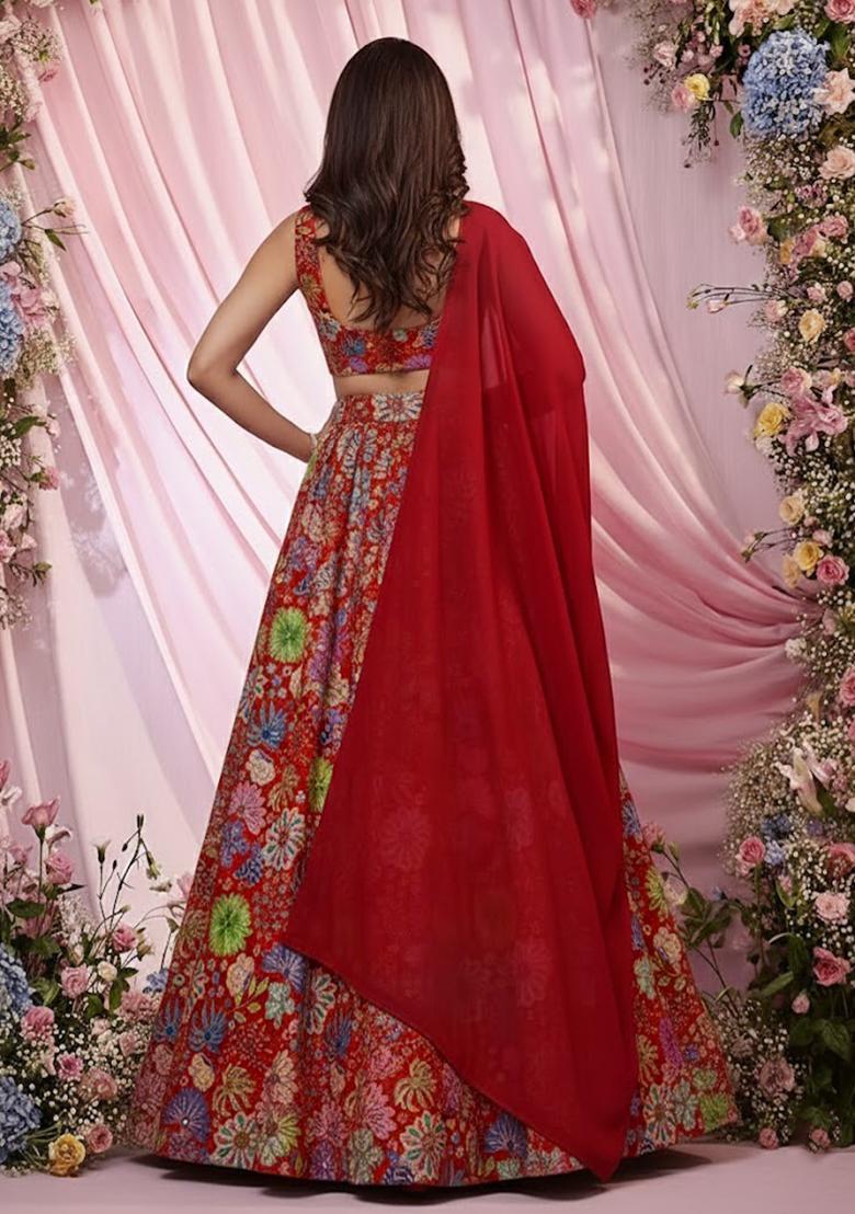 Deep Red Floral Print Chinon Lehenga Set - Indya