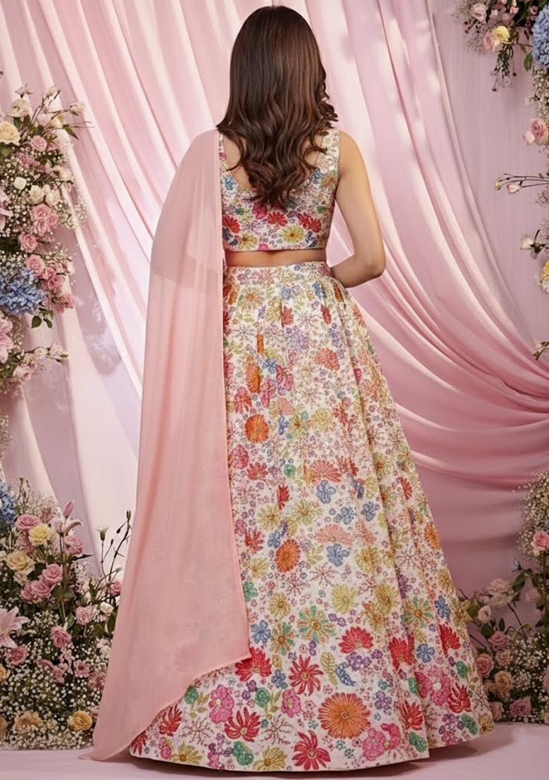 Ivory Floral Print Chinon Lehenga Set - Indya