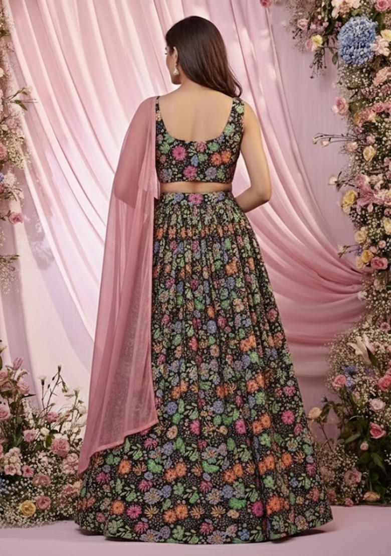 Black Floral Print Chinon Lehenga Set - Indya