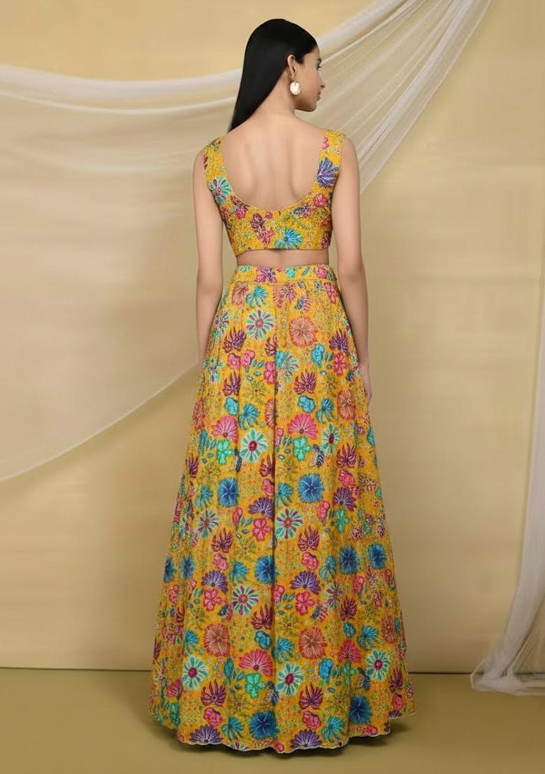 Mustard Floral Print Chinon Lehenga Set - Indya