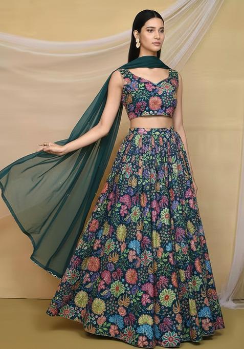 Emerald Green Floral Print Chinon Lehenga Set