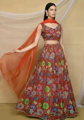 Rust Floral Print Chinon Lehenga Set