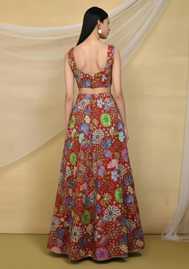 Rust Floral Print Chinon Lehenga Set - Indya