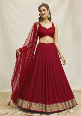 Maroon Zari Silk Blend Lehenga Set