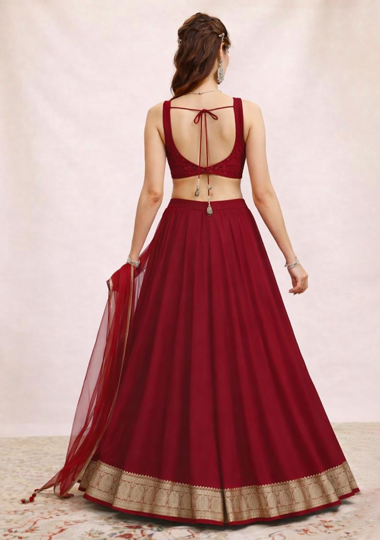 Maroon Zari Silk Blend Lehenga Set - Indya