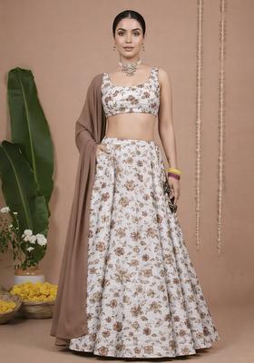 Muted Brown Floral Print Crepe Sharara Set