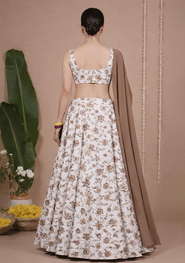 Muted Brown Floral Print Crepe Sharara Set - Indya
