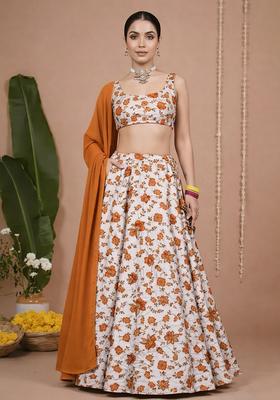 Burnt Orange Floral Print Crepe Sharara Set