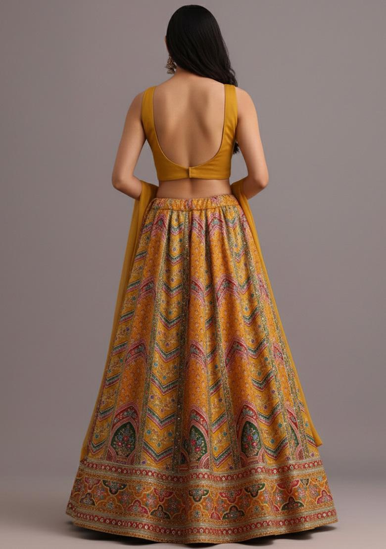 Yellow Embroidered Crepe Lehenga Set - Indya