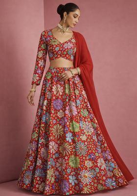 Peach Floral Print Chinon Lehenga Set