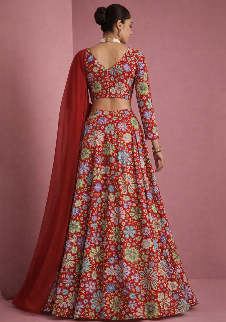 Peach Floral Print Chinon Lehenga Set - Indya