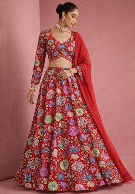Red Floral Print Chinon Lehenga Set