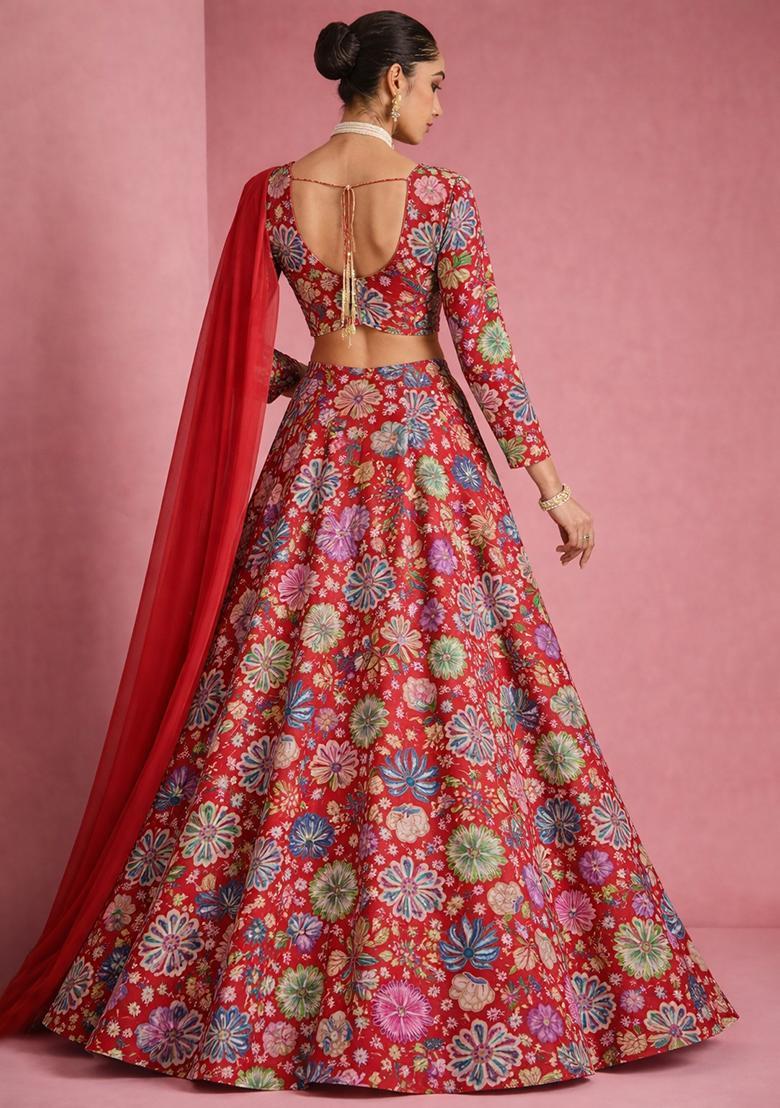 Red Floral Print Chinon Lehenga Set - Indya