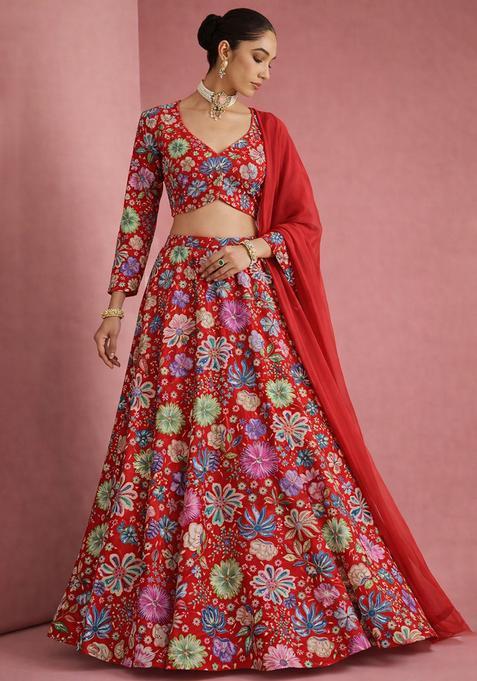 Red Floral Print Chinon Lehenga Set