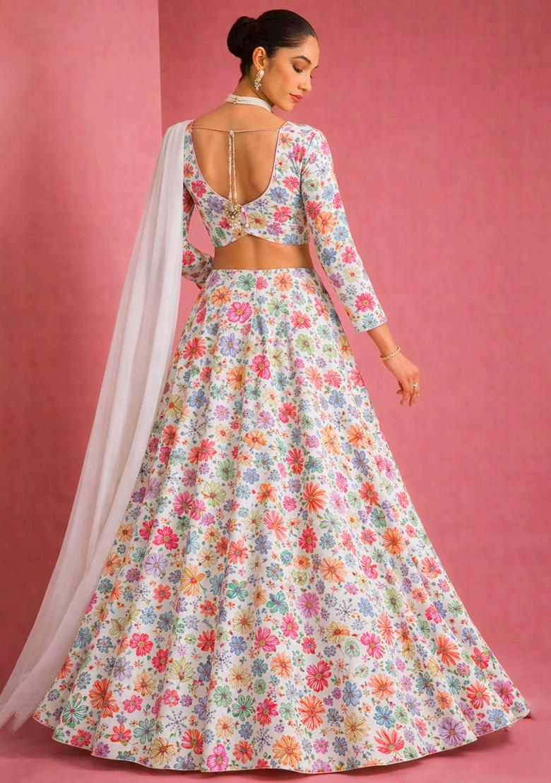 Soft Pink Floral Print Chinon Lehenga Set - Indya