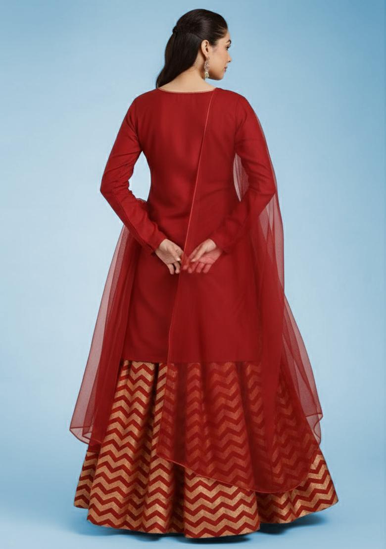 Red Printed Lurex Lehenga Set - Indya