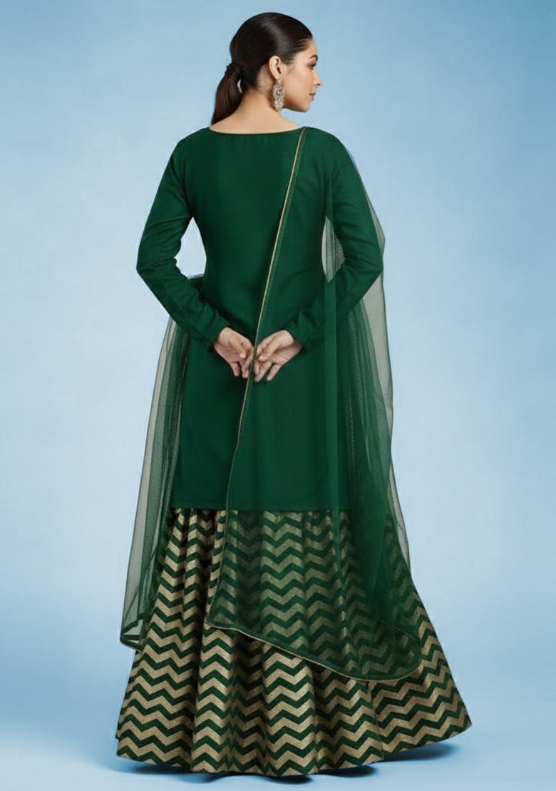 Green Printed Lurex Lehenga Set - Indya