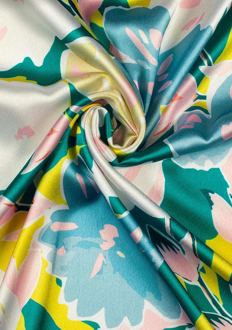 Aqua Blue Floral Print Satin Pre Draped Saree Set - Indya