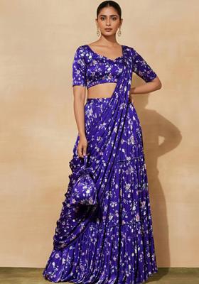 Purple Floral Print Satin Pre Draped Saree Set