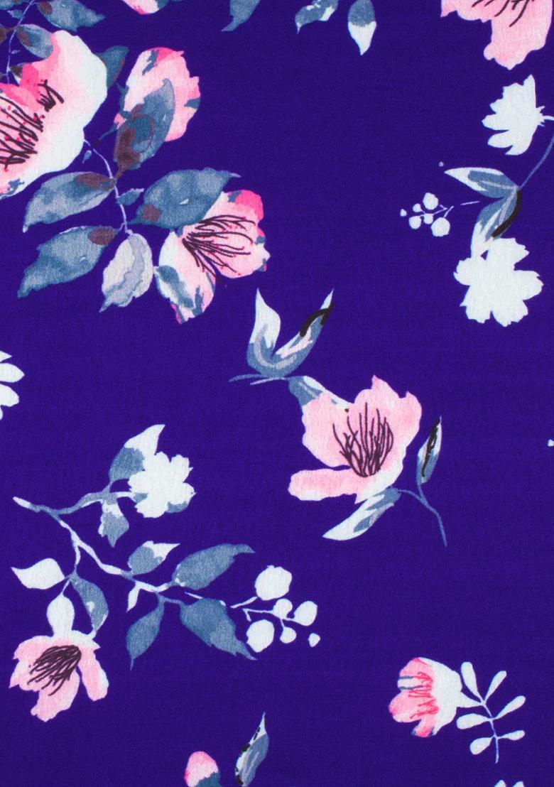 Purple Floral Print Satin Pre Draped Saree Set - Indya