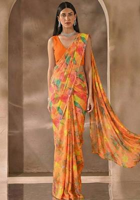 Orange Floral Print Satin Pre Draped Saree Set