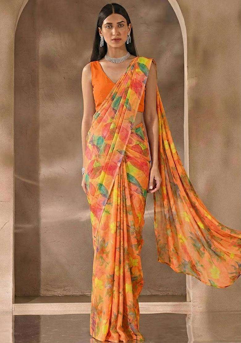 Orange Floral Print Satin Pre Draped Saree Set - Indya