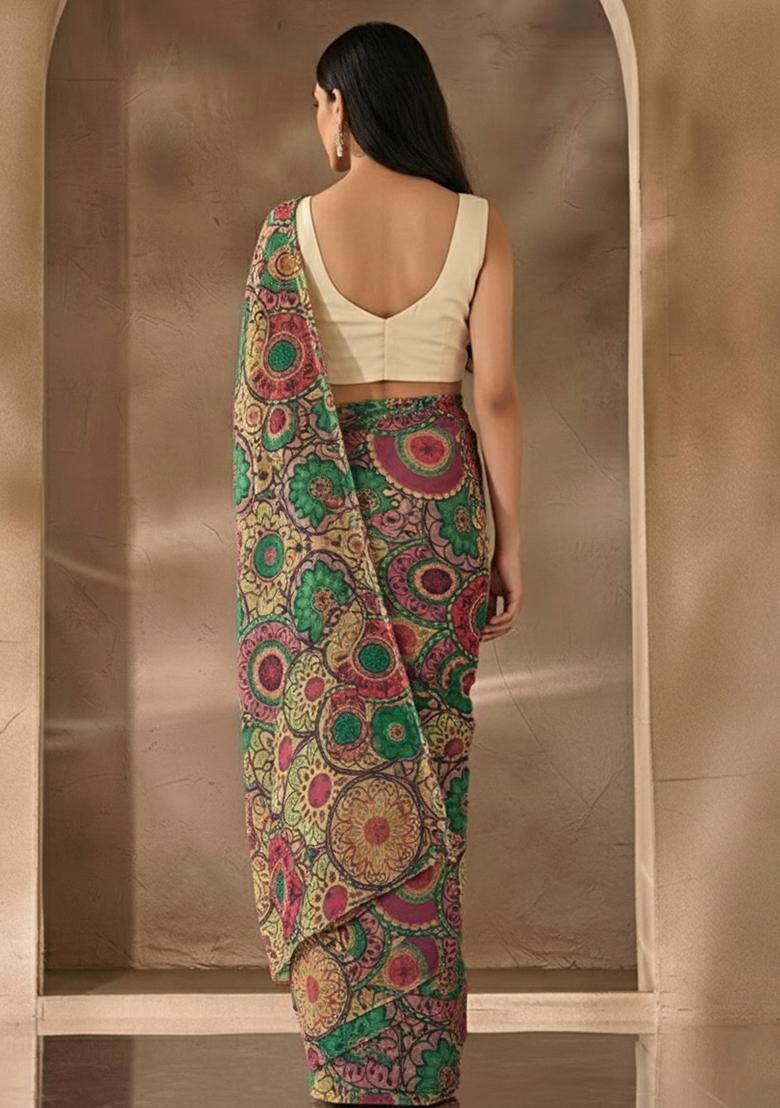 Green Printed Satin Pre Draped Saree Set - Indya