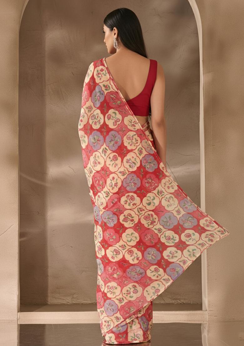 Red Floral Print Satin Pre Draped Saree Set - Indya