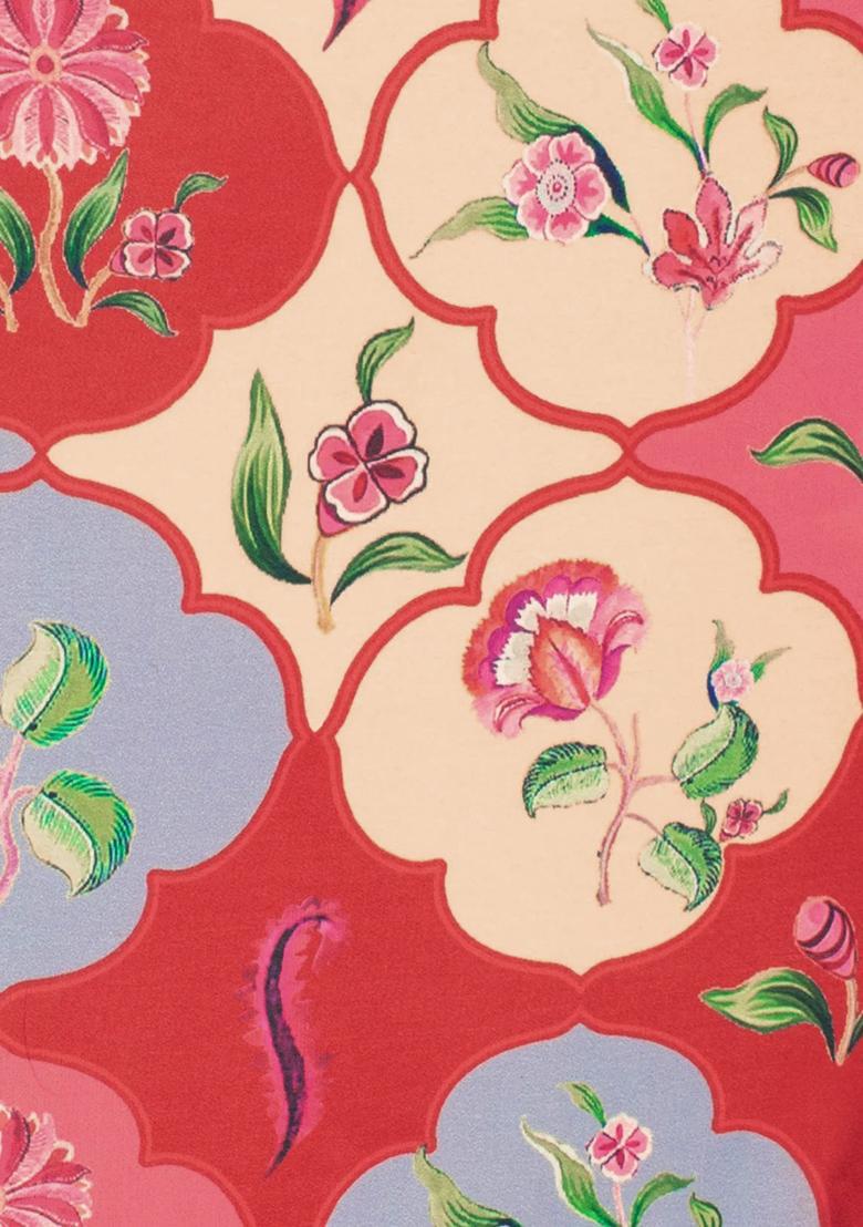 Red Floral Print Satin Pre Draped Saree Set - Indya