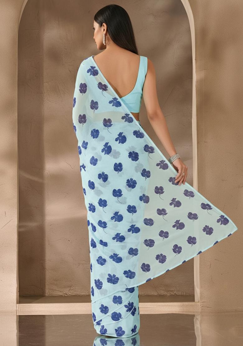Powder Blue Floral Print Satin Pre Draped Saree Set - Indya