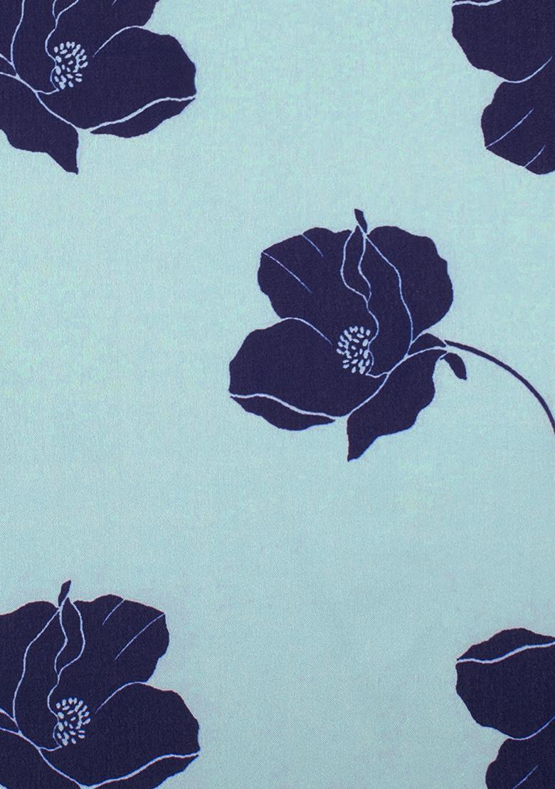 Powder Blue Floral Print Satin Pre Draped Saree Set - Indya