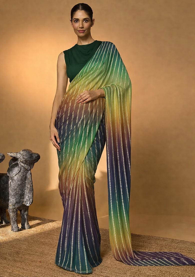Multicolor Jacquard Crepe Pre Draped Saree Set - Indya