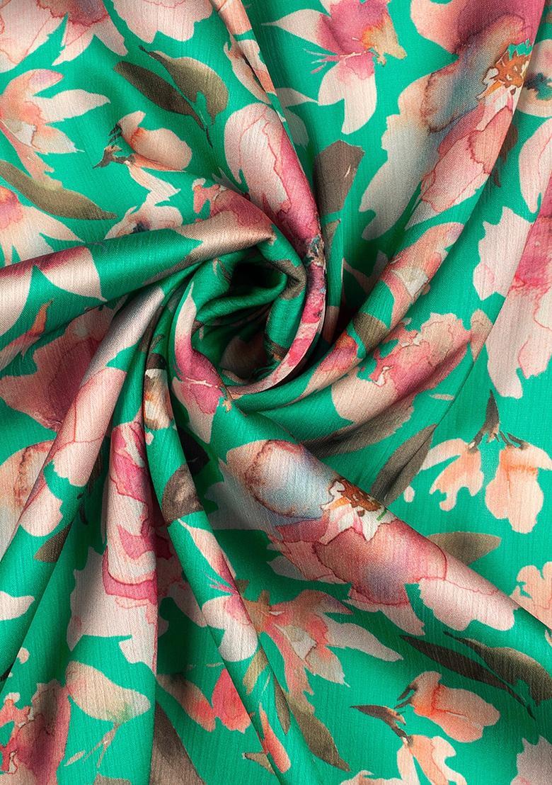 Aqua Green Floral Print Satin Pre Draped Saree Set - Indya