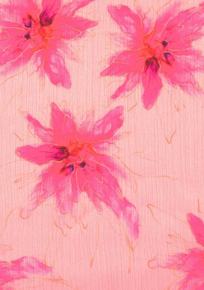 Soft Pink Floral Print Satin Pre Draped Saree Set - Indya