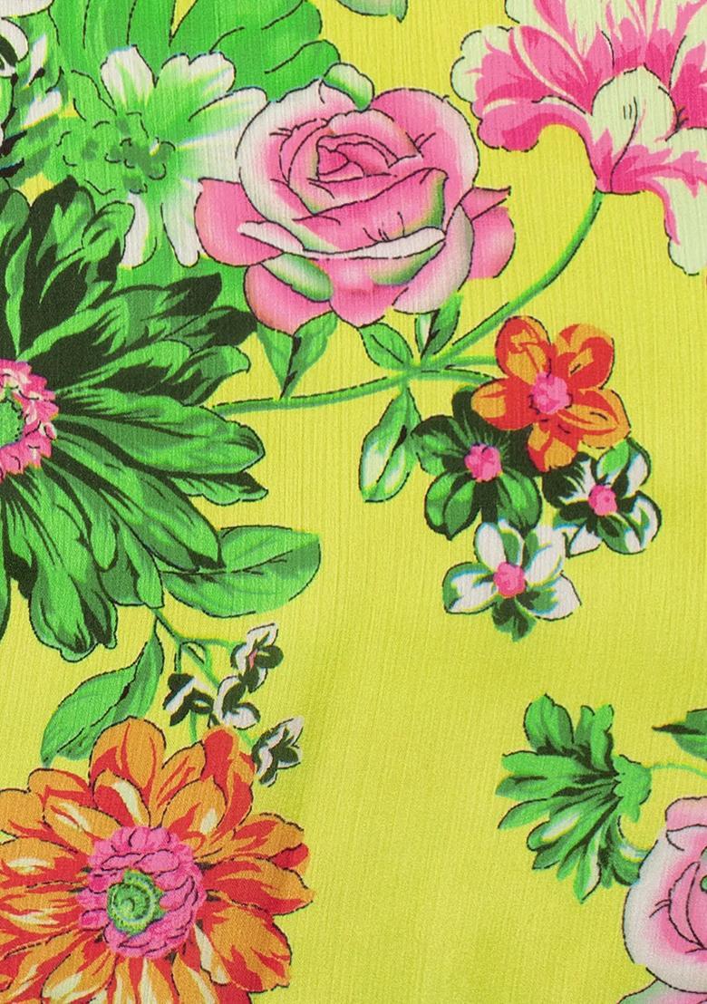 Lemon Yellow Floral Print Satin Pre Draped Saree Set - Indya