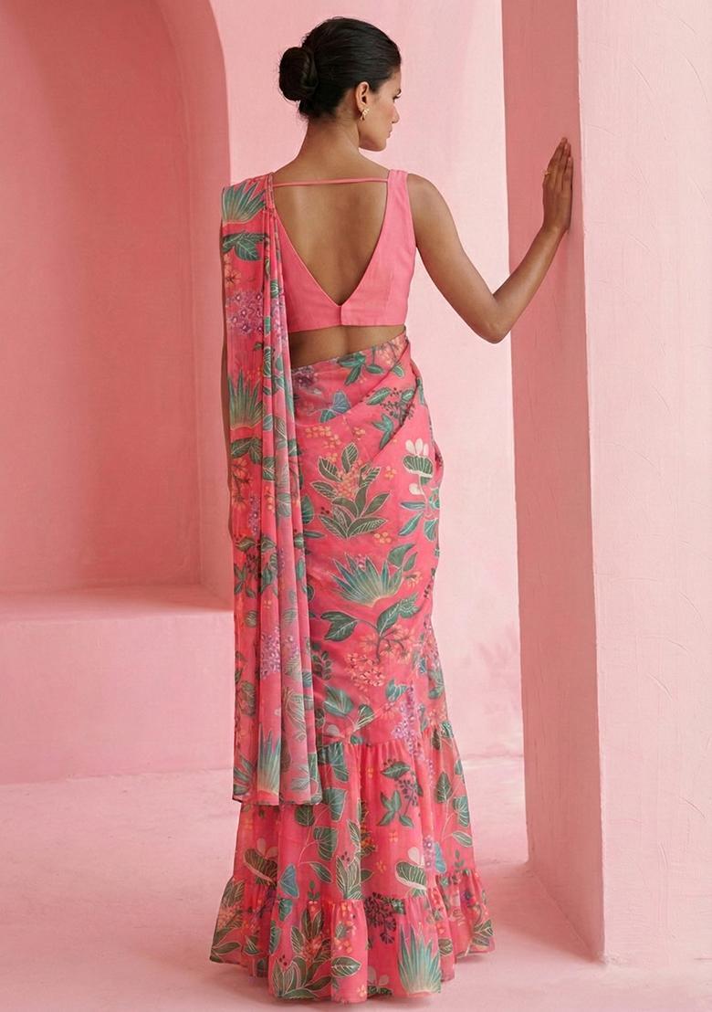 Pink Floral Print Chinon Pre Draped Saree Set - Indya