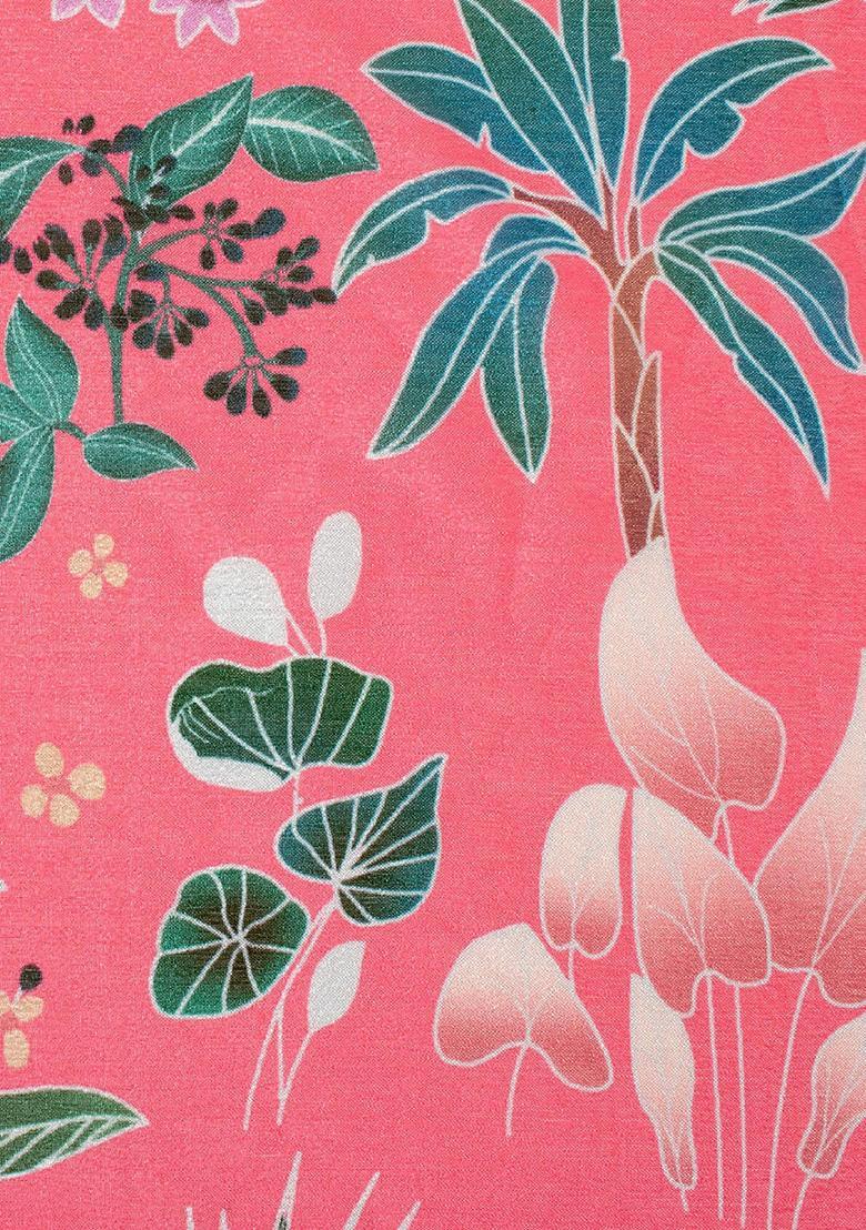 Pink Floral Print Chinon Pre Draped Saree Set - Indya