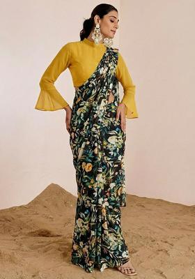 Black Floral Print Satin Pre Draped Saree Set