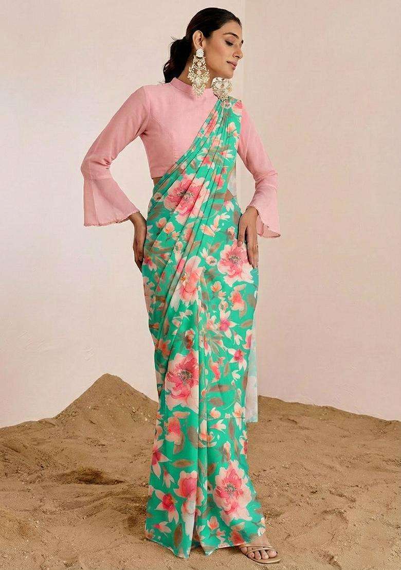 Aqua Blue Floral Print Satin Pre Draped Saree Set - Indya