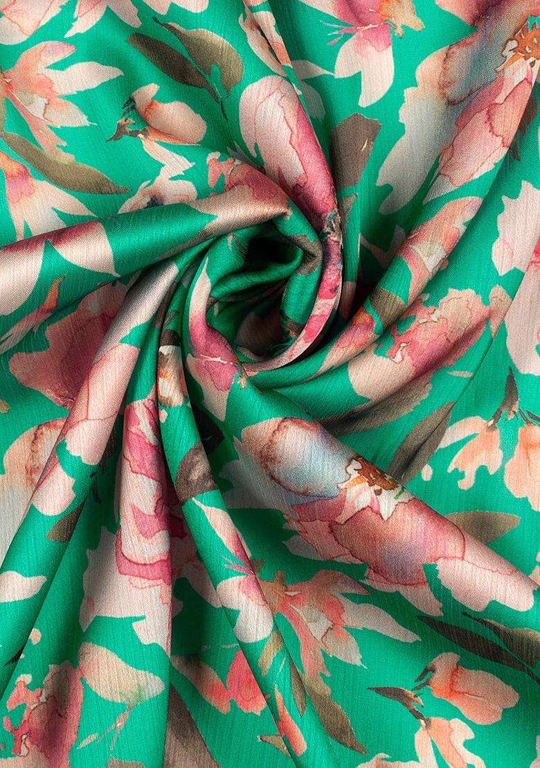 Aqua Blue Floral Print Satin Pre Draped Saree Set - Indya