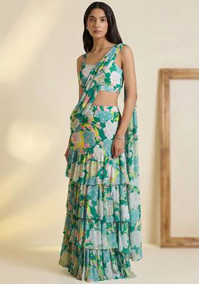 Ivory Floral Print Satin Pre Draped Saree Set