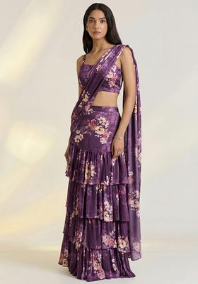 Purple Floral Print Satin Pre Draped Saree Set