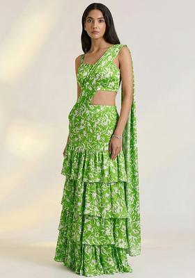 Leaf Green Floral Print Satin Pre Draped Saree Set
