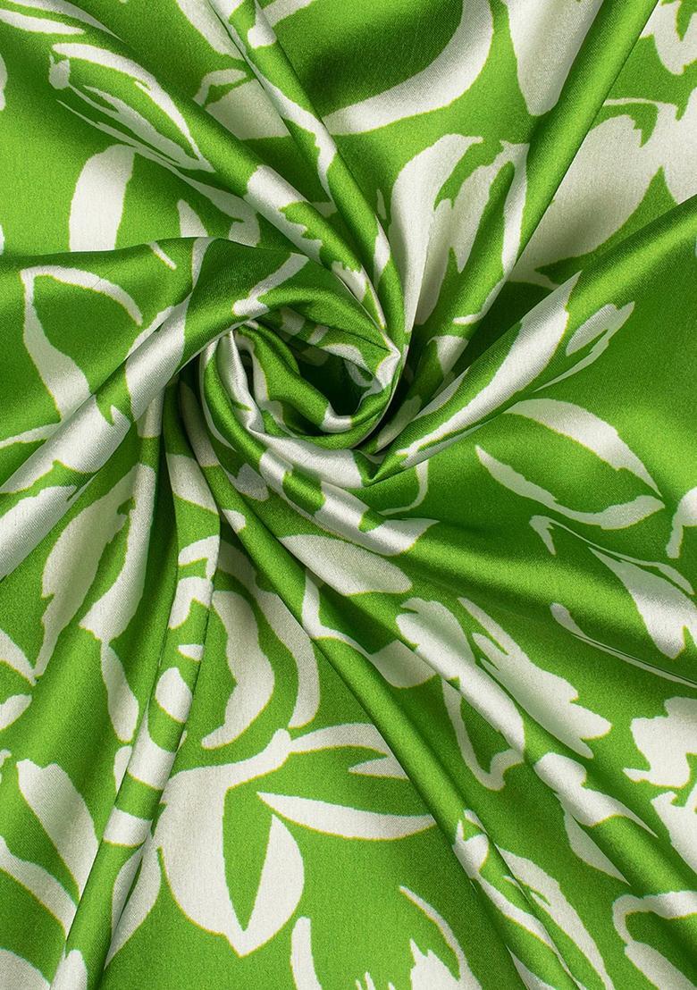 Leaf Green Floral Print Satin Pre Draped Saree Set - Indya